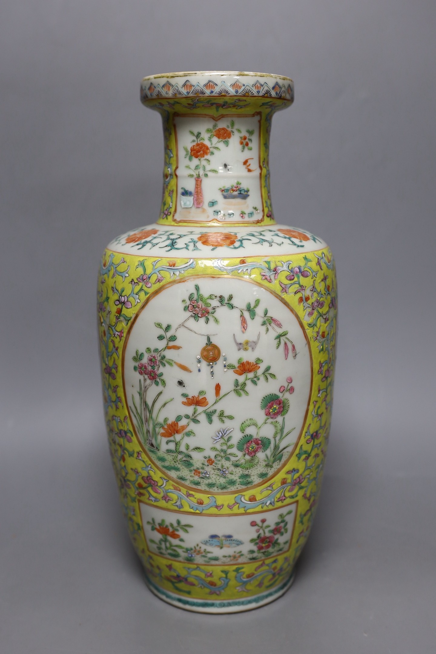 A 19th century Chinese yellow ground vase, base lacking, 36cm